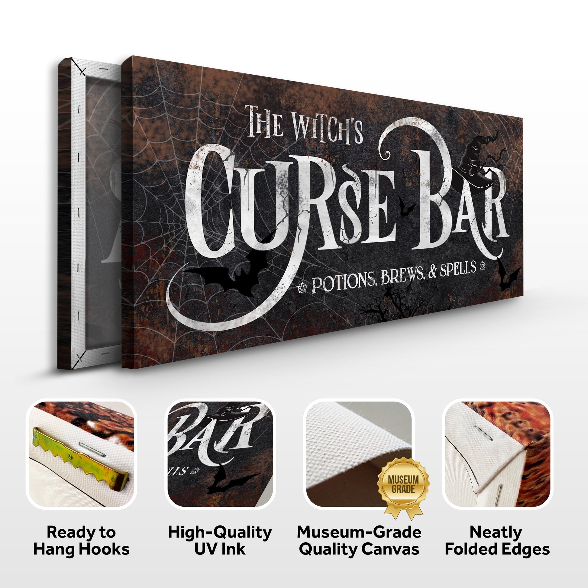 The Witch's Curse Bar Halloween Sign III canvas by Tailored Canvases in dark rustic tones on Tampa Home & Garden Store