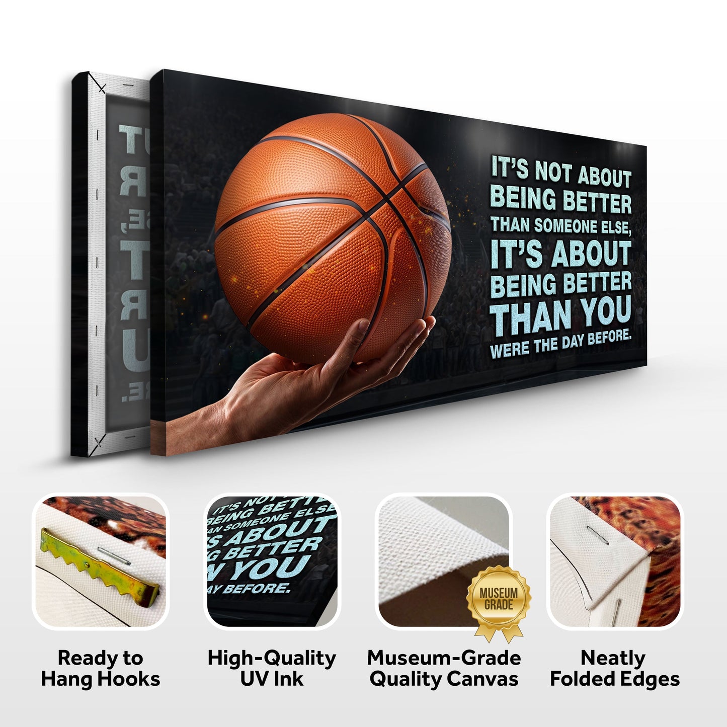 It's Not About Being Better sports quote canvas; orange basketball, teal text on dark backdrop on Tampa Home & Garden Store