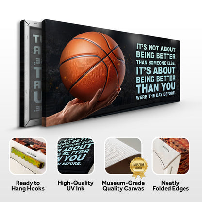 It's Not About Being Better sports quote canvas; orange basketball, teal text on dark backdrop on Tampa Home & Garden Store
