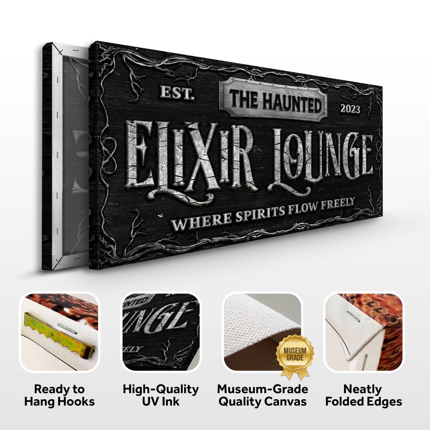 The Haunted Elixir Lounge Halloween Sign Canvas in black wood by Tailored Canvases on Tampa Home & Garden Store