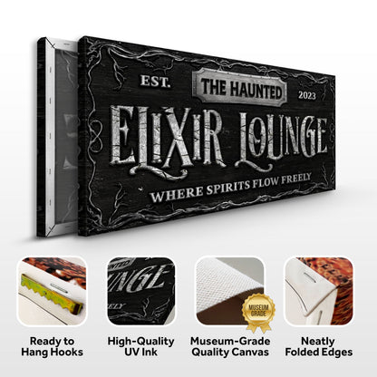 The Haunted Elixir Lounge Halloween Sign Canvas in black wood by Tailored Canvases on Tampa Home & Garden Store
