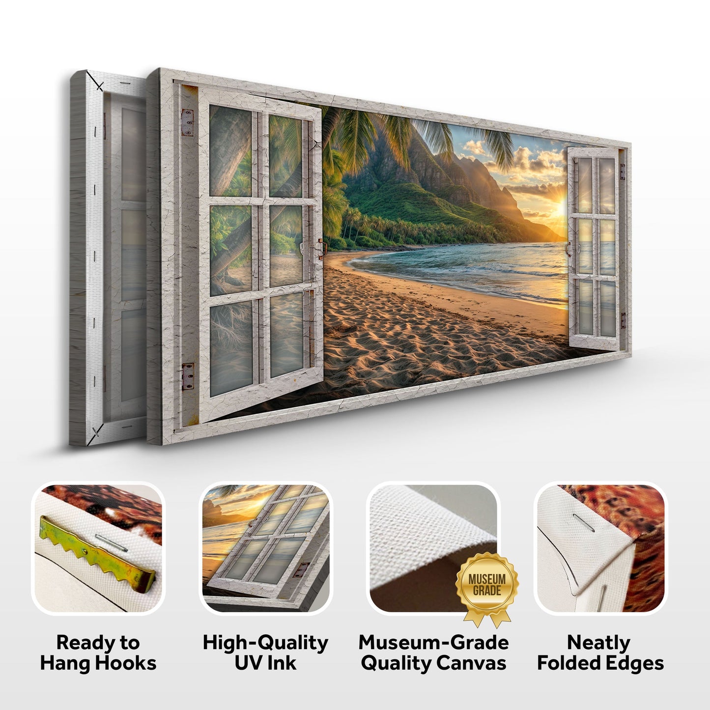 Beachfront Dreams Window Scenery Wall Art canvas by Tailored Canvases, white-framed beach scene on Tampa Home & Garden Store