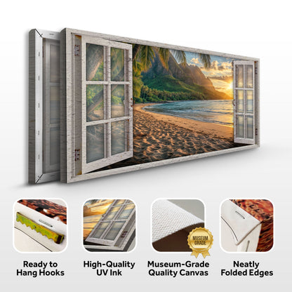 Beachfront Dreams Window Scenery Wall Art canvas by Tailored Canvases, white-framed beach scene on Tampa Home & Garden Store