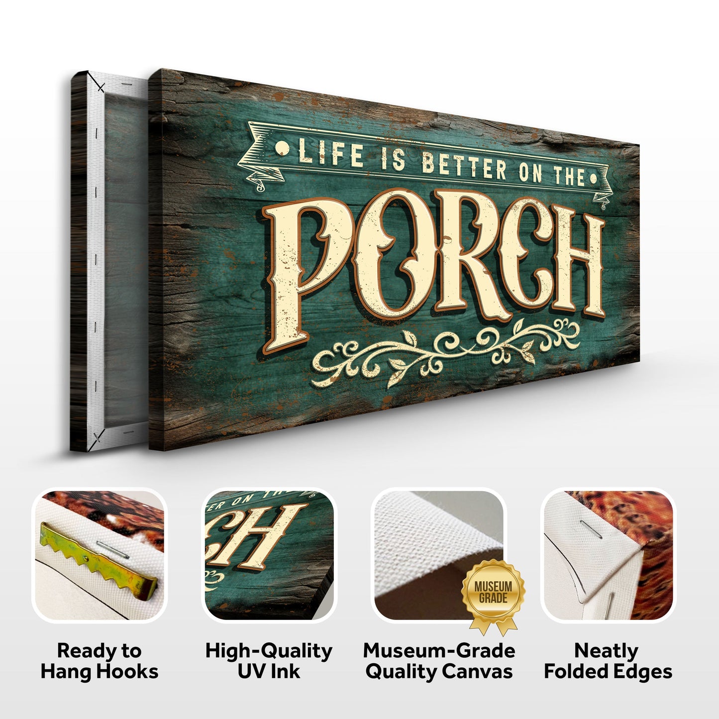 Life Is Better On The Porch Sign III canvas by Tailored Canvases, teal backdrop cream lettering on Tampa Home & Garden Store