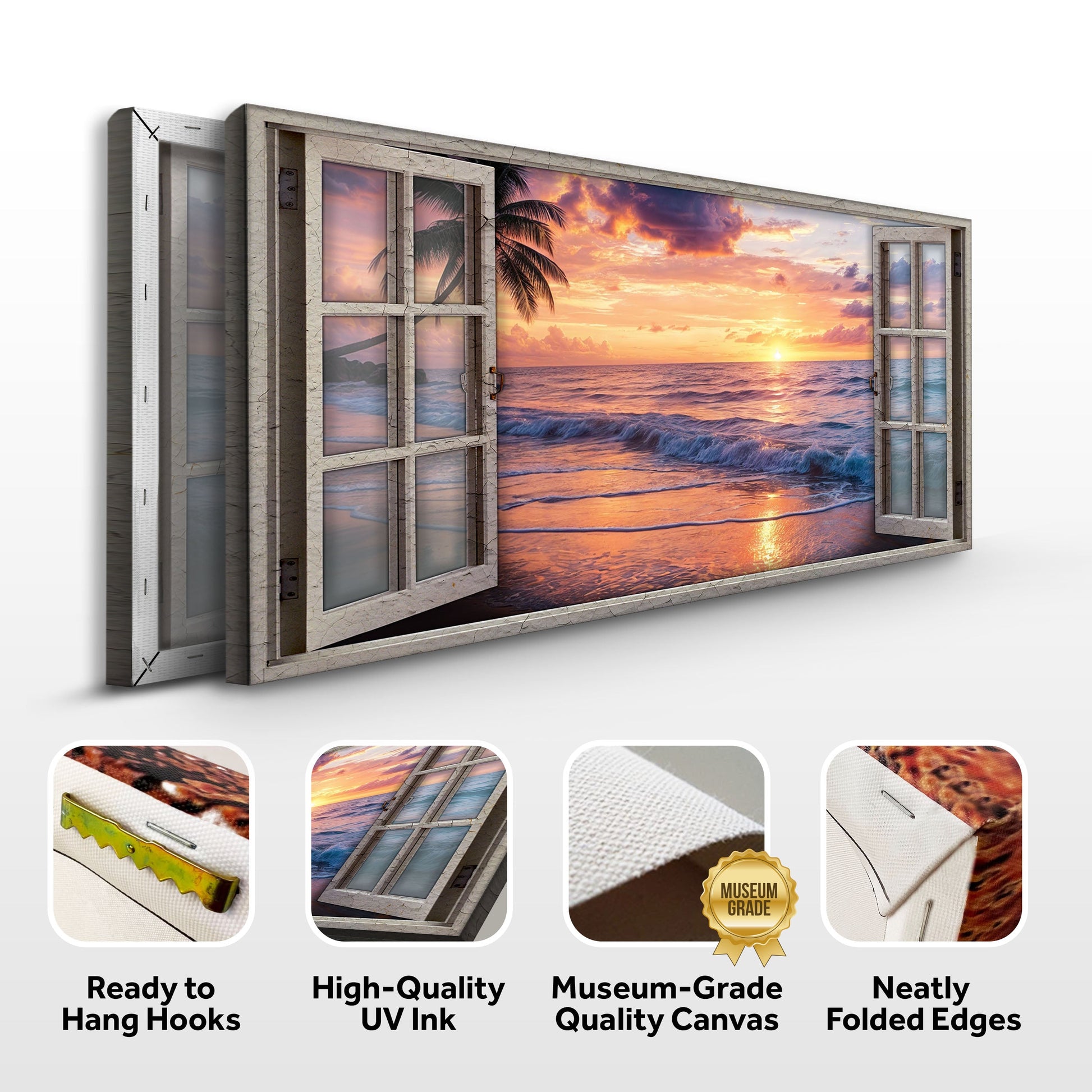 Sunset Beach Window Scenery Wall Canvas, 3-piece Tailored Canvases crafting set with window-frame on Tampa Home & Garden Store