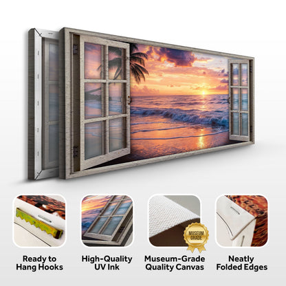Sunset Beach Window Scenery Wall Canvas, 3-piece Tailored Canvases crafting set with window-frame on Tampa Home & Garden Store
