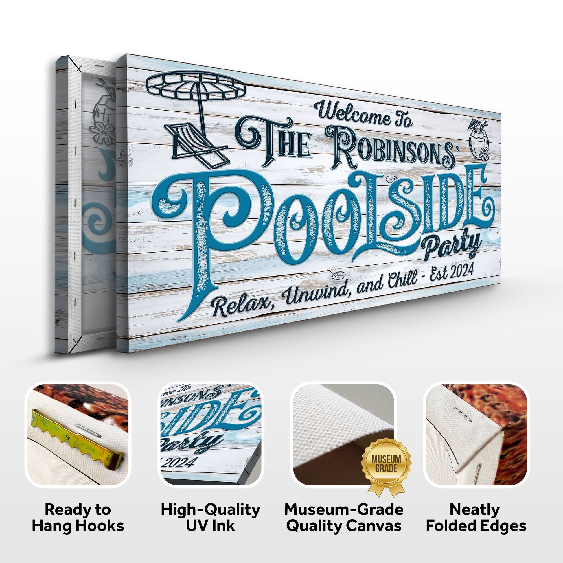 Pool Party Sign canvas by Tailored Canvases on whitewashed wood with blue lettering motif on Tampa Home & Garden Store