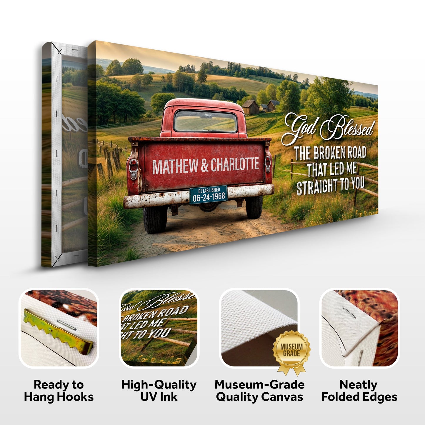 Custom Vintage Truck Couple Sign III canvas by Tailored Canvases featuring a red pickup on Tampa Home & Garden Store