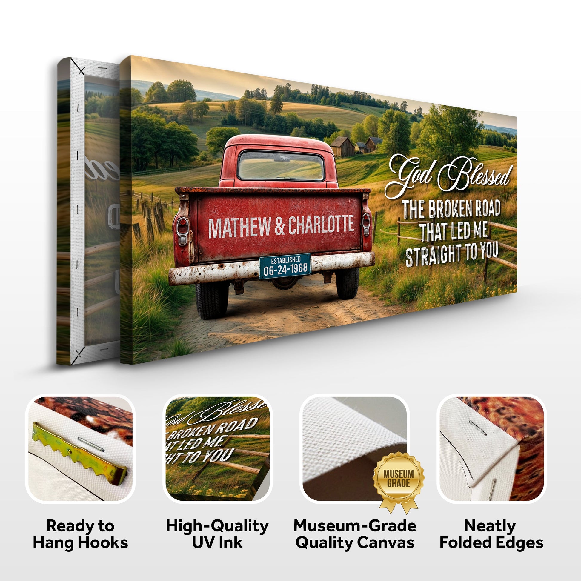 Custom Vintage Truck Couple Sign III canvas by Tailored Canvases featuring a red pickup on Tampa Home & Garden Store