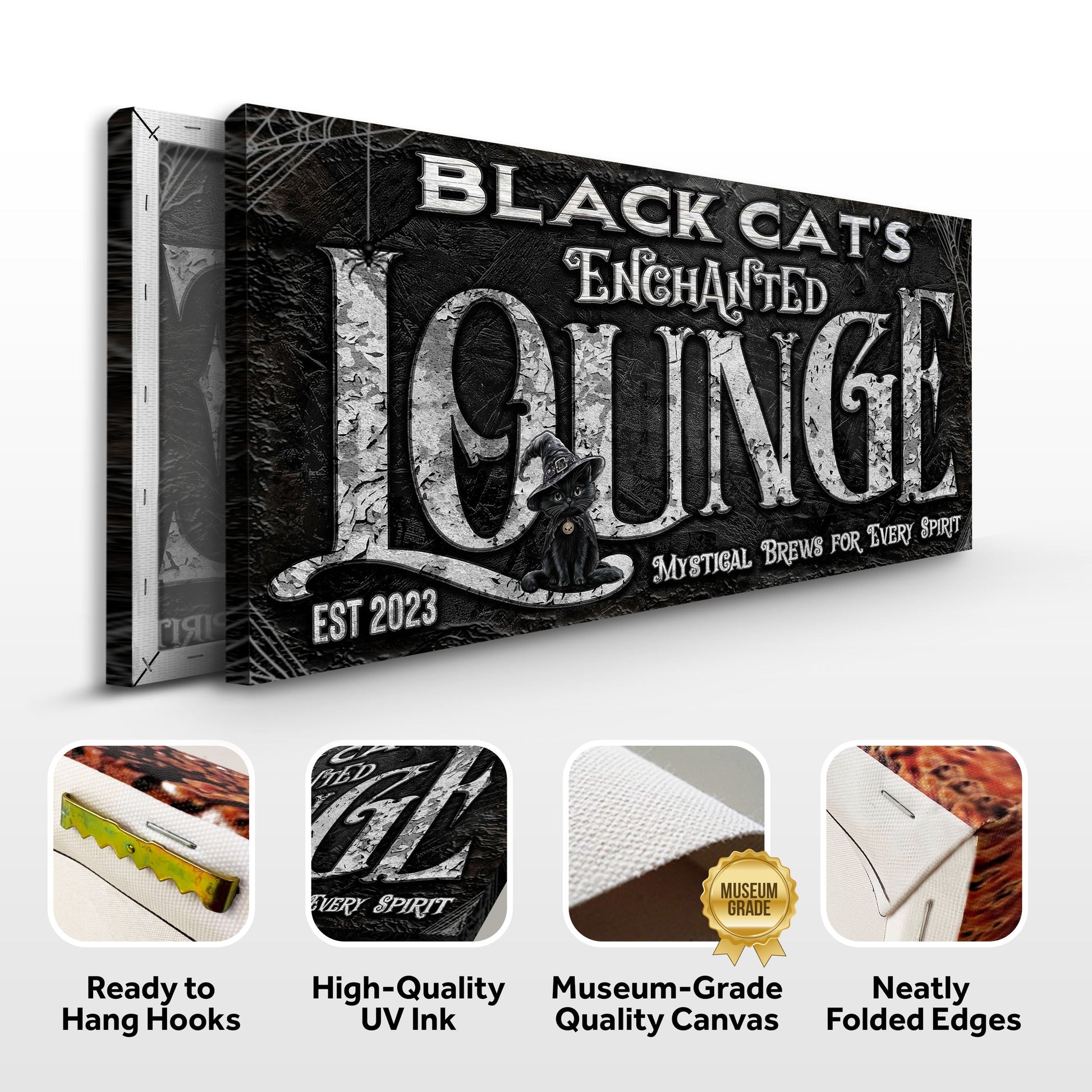 Canvas Black Cat's Enchanted Moon with textured black background and witch cat Tailored Canvases on Tampa Home & Garden Store