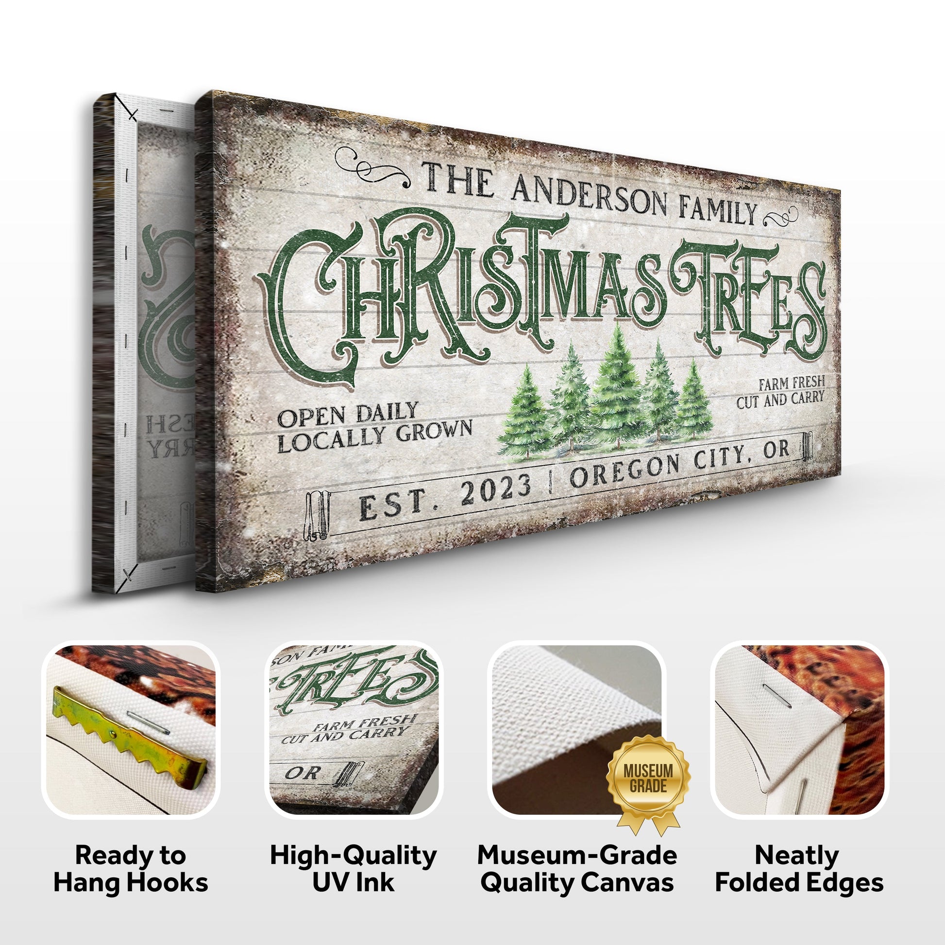 Family Christmas Tree Farm Sign IV canvas by Tailored Canvases with CHRISTMAS TREES lettering on Tampa Home & Garden Store