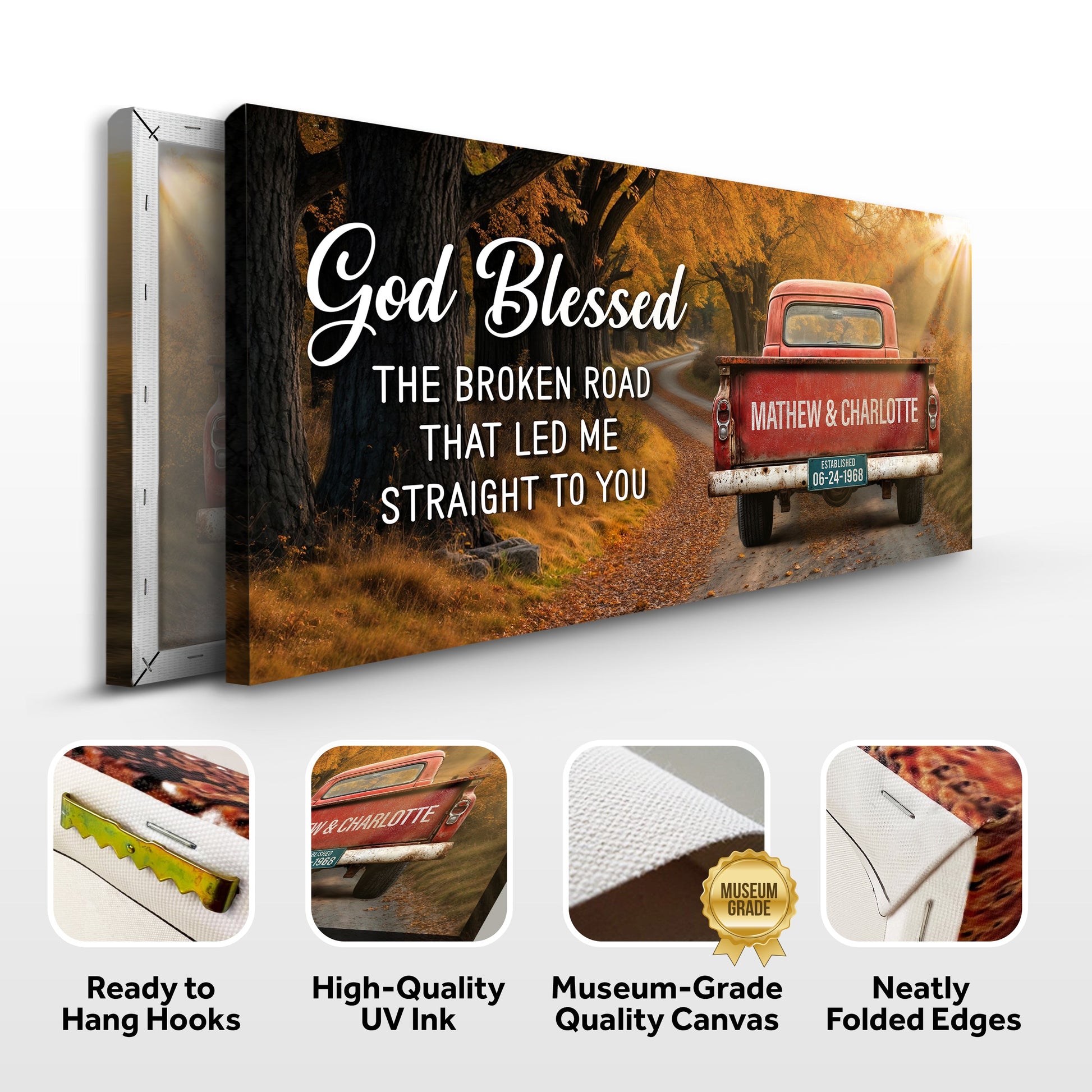 Custom Vintage Truck Couple Sign II canvas by Tailored Canvases with a red truck on an autumn road on Tampa Home & Garden Store