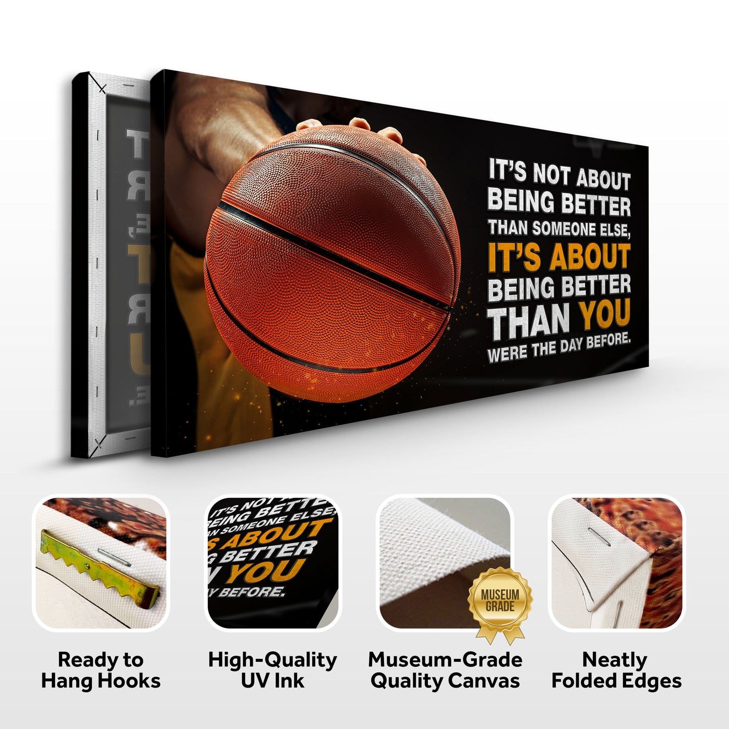 It's Not About Being Better Sports Quote Sign II canvas white text with basketball on black on Tampa Home & Garden Store