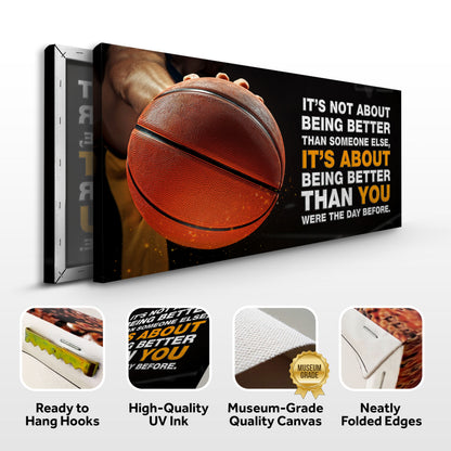 It's Not About Being Better Sports Quote Sign II canvas white text with basketball on black on Tampa Home & Garden Store
