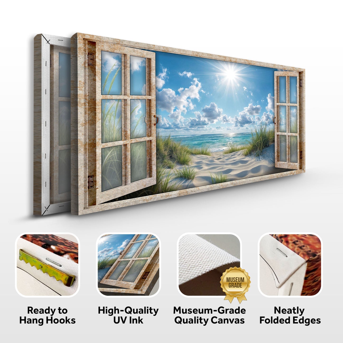 Morning Beach Window Scenery Canvas by Tailored Canvases with rustic window-frame panels on Tampa Home & Garden Store