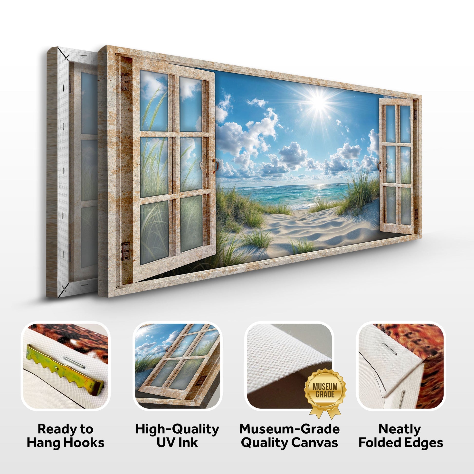 Morning Beach Window Scenery Canvas by Tailored Canvases with rustic window-frame panels on Tampa Home & Garden Store