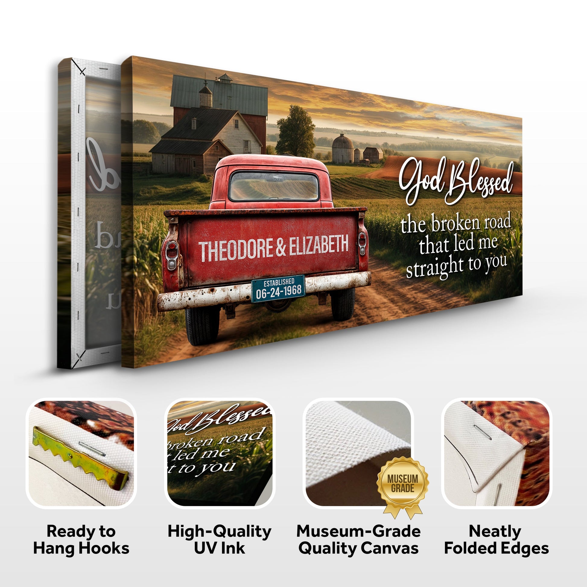 Custom Vintage Truck Couple Sign crafting canvas by Tailored Canvases, rustic red truck scene on Tampa Home & Garden Store