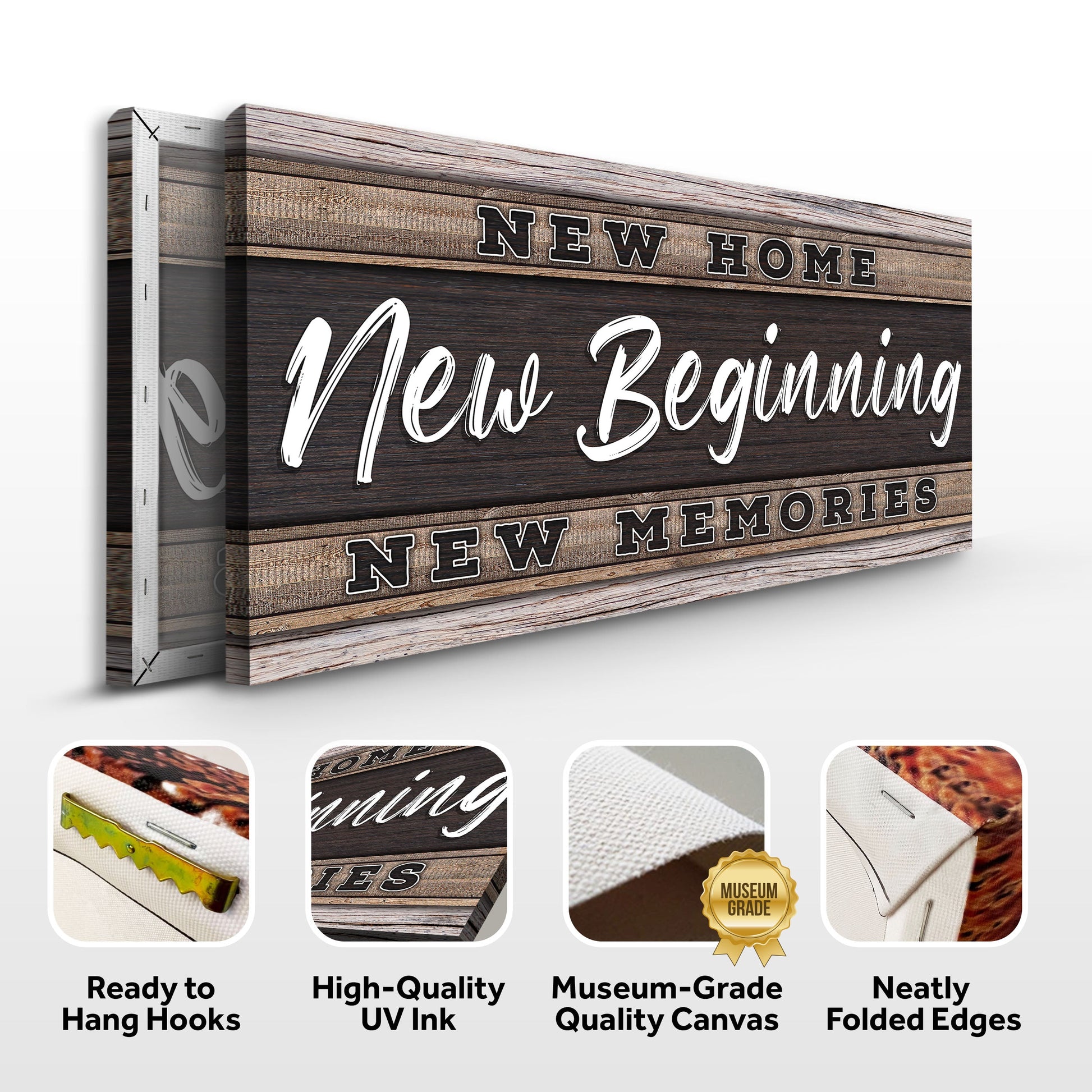 Canvas sign New Home New Beginning Sign V on wood plank background by Tailored Canvases on Tampa Home & Garden Store