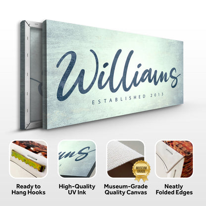 Family Name Sign V canvas by Tailored Canvases with blue script name on textured backdrop on Tampa Home & Garden Store