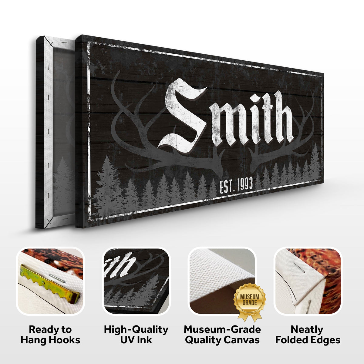 Rustic Family Antler Sign III canvas by Tailored Canvases with dark wood background est. 1993 on Tampa Home & Garden Store