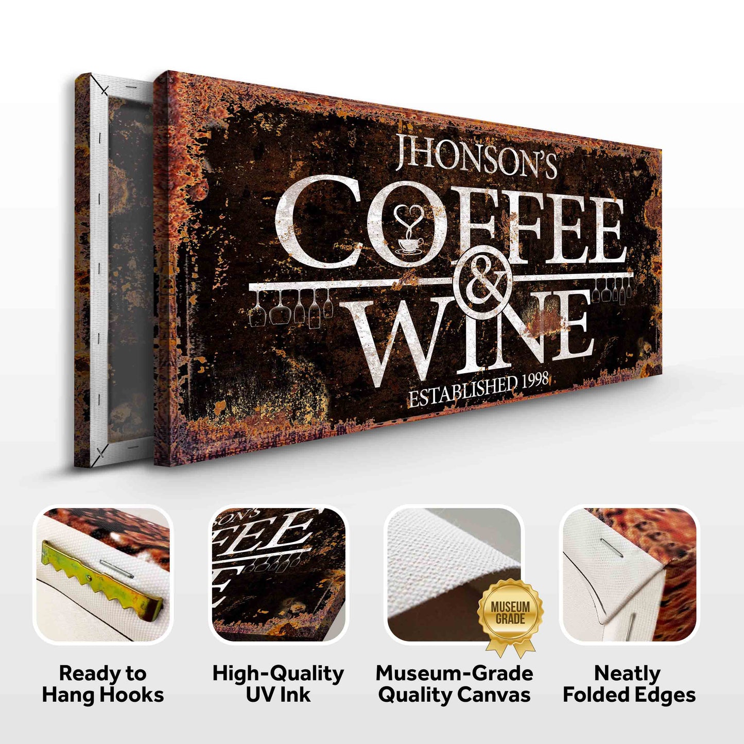 Coffee and Wine Sign III canvas with rusted texture and white typography Tailored Canvases on Tampa Home & Garden Store