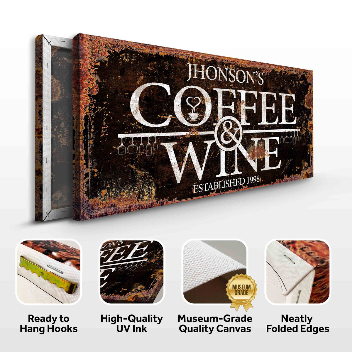 Coffee and Wine Sign III canvas with rusted texture and white typography Tailored Canvases on Tampa Home & Garden Store