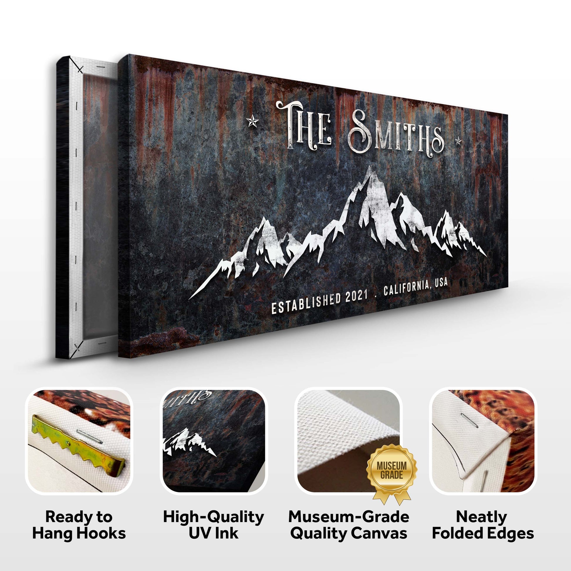 Family Mountain Home Sign III canvas Tailored Canvases; rust backdrop with white mountain peaks on Tampa Home & Garden Store