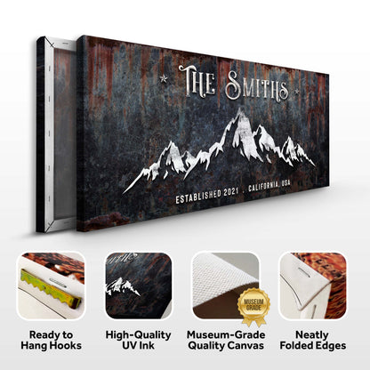 Family Mountain Home Sign III canvas Tailored Canvases; rust backdrop with white mountain peaks on Tampa Home & Garden Store