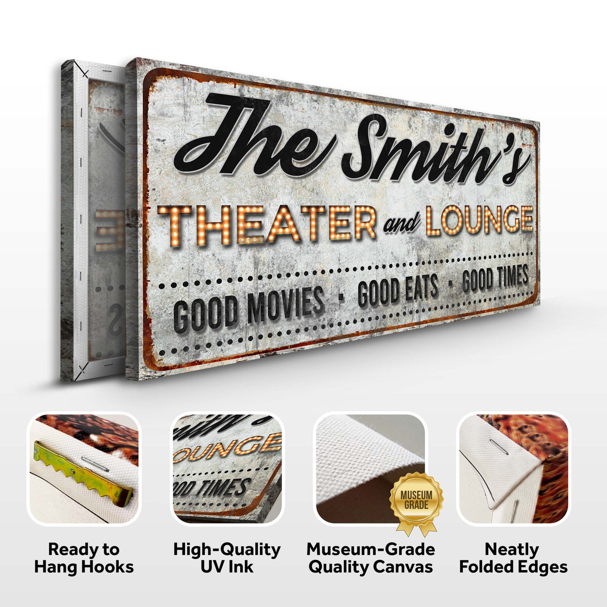 Family Theater and Lounge IV Sign canvas by Tailored Canvases, lettering on Tampa Home & Garden Store