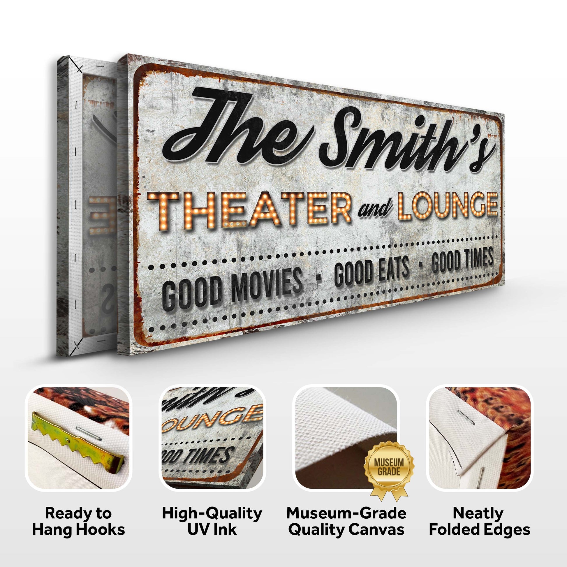 Family Theater and Lounge IV Sign canvas by Tailored Canvases, lettering on Tampa Home & Garden Store