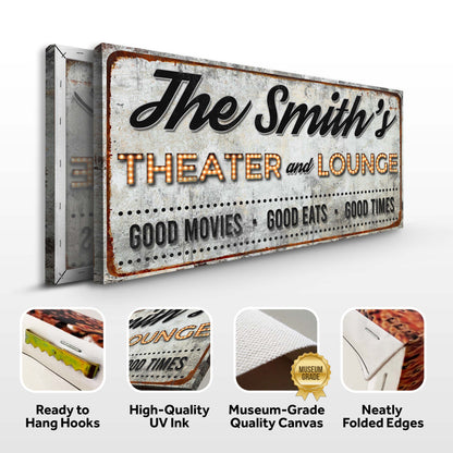 Family Theater and Lounge IV Sign canvas by Tailored Canvases, lettering on Tampa Home & Garden Store