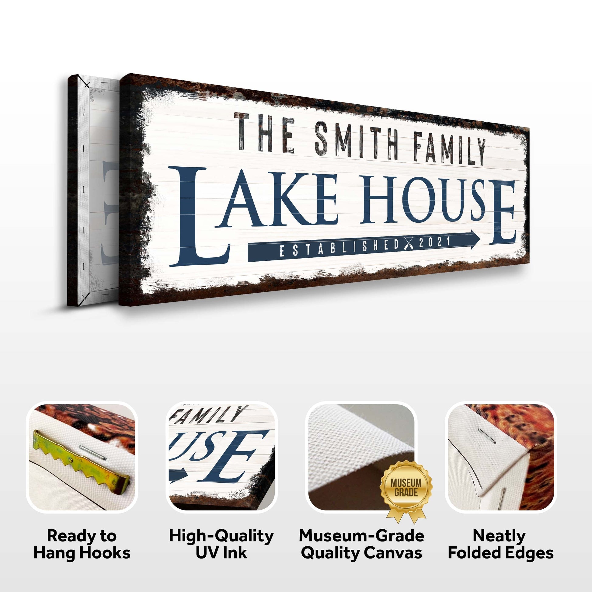 Family Lake House Arrow Sign canvas with distressed white wood background and navy lettering on Tampa Home & Garden Store
