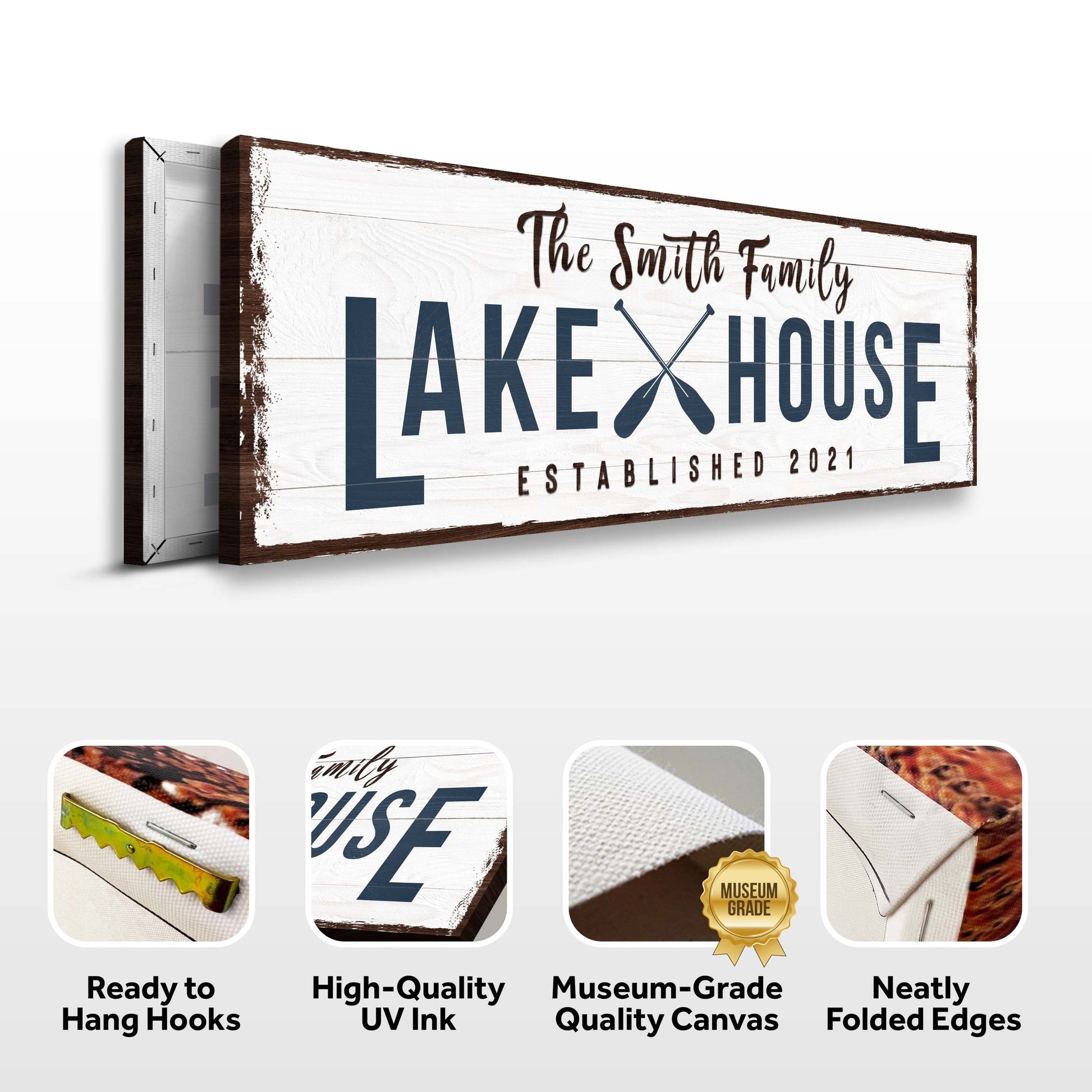 Family Lake House Arrow Sign II canvas on rustic whitewashed planks with navy lettering and crossed paddles Tailored Canvases on Tampa Home & Garden Store