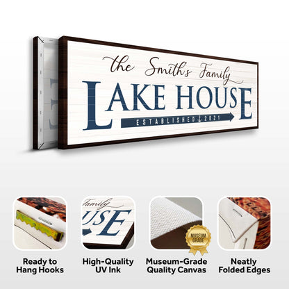 Family Lake House Arrow Sign III Canvas wood frame, white background, navy lettering on Tampa Home & Garden Store
