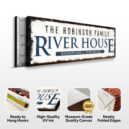 Family River House Arrow Sign canvas wall art with navy text Tailored Canvases on Tampa Home & Garden Store