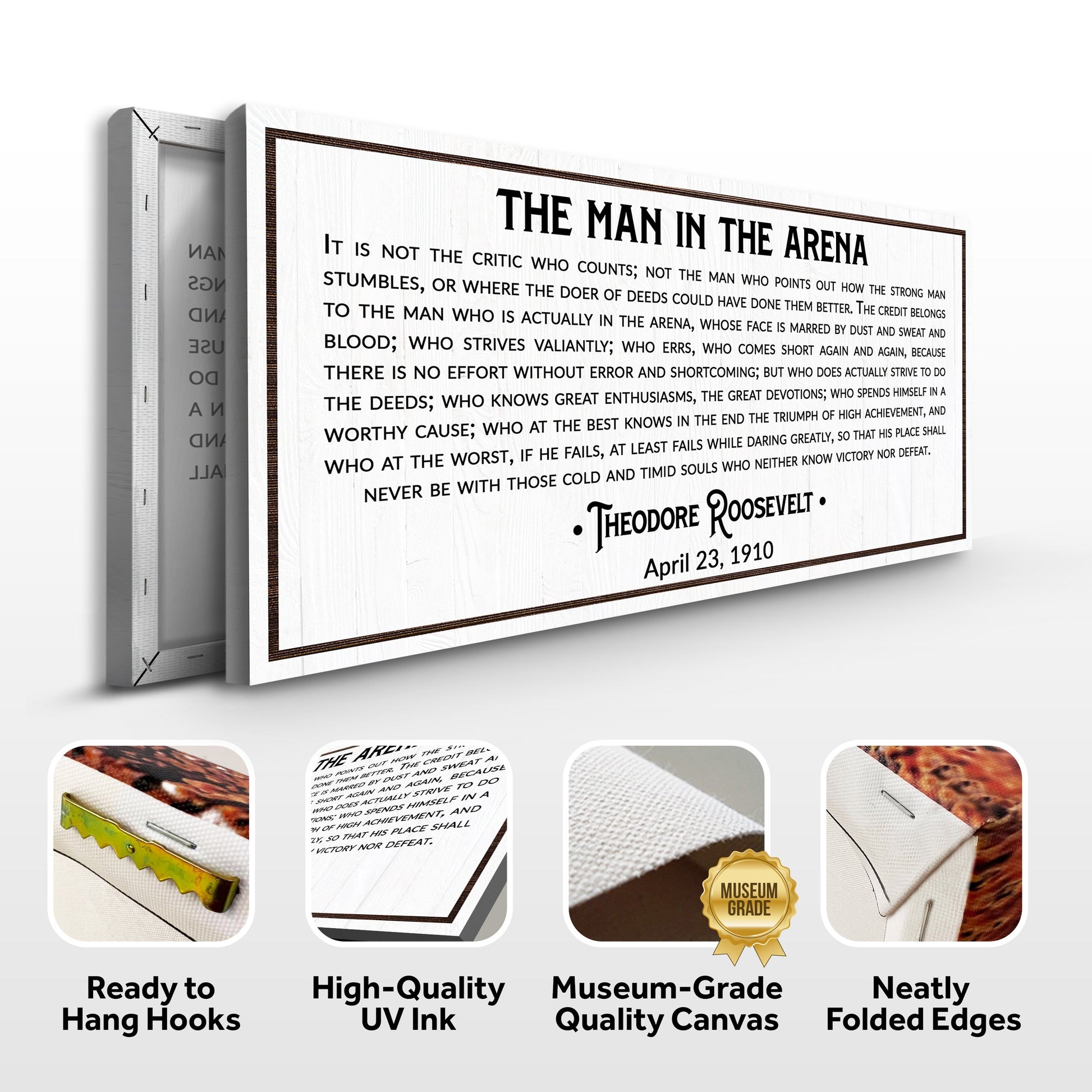 The Man In The Arena Sign VIII canvas by Tailored Canvases; white canvas with bold black typography on Tampa Home & Garden Store