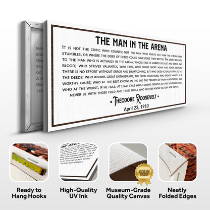 The Man In The Arena Sign VIII canvas by Tailored Canvases; white canvas with bold black typography on Tampa Home & Garden Store