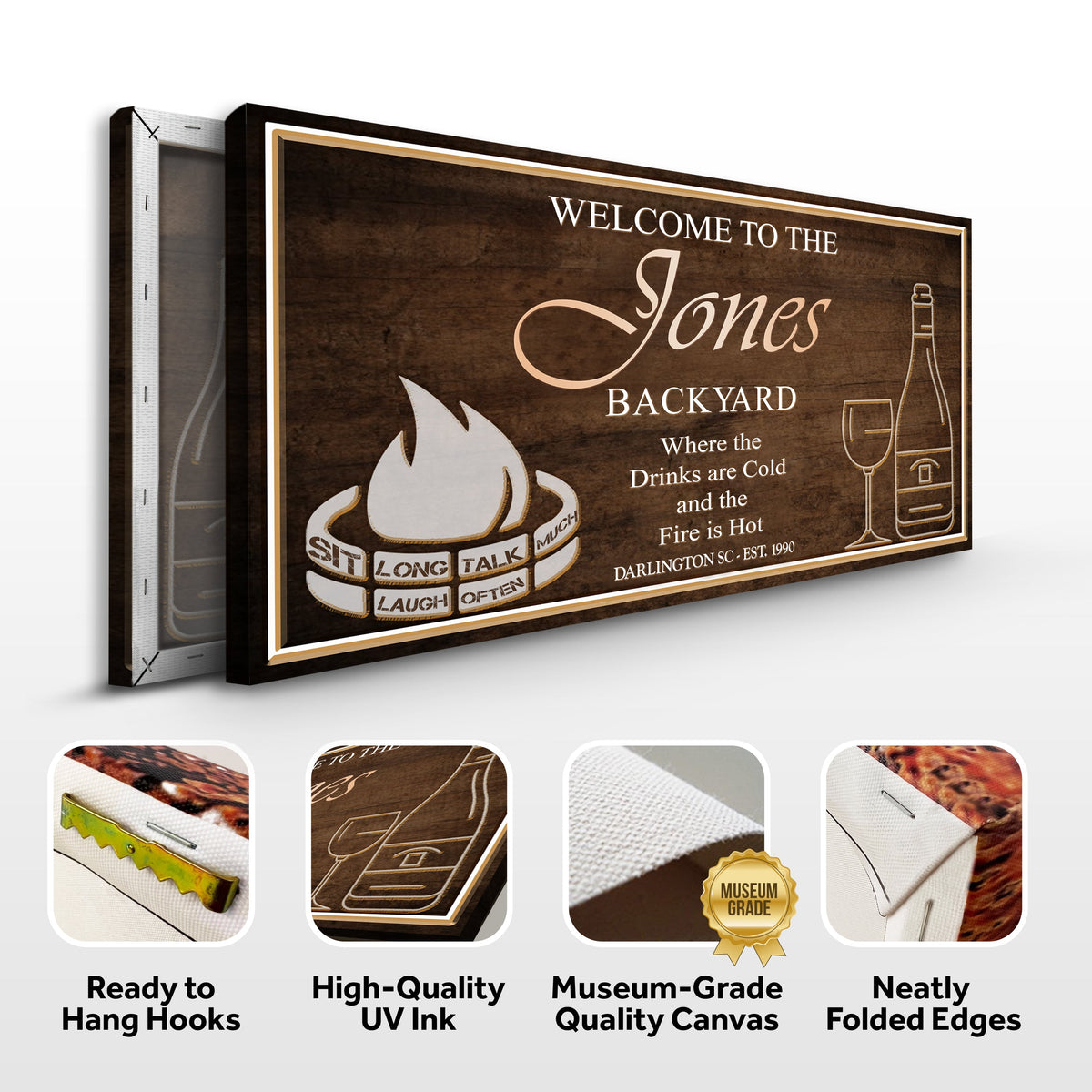 Backyard Sign II canvas by Tailored Canvases with dark wood background and cream text on Tampa Home & Garden Store