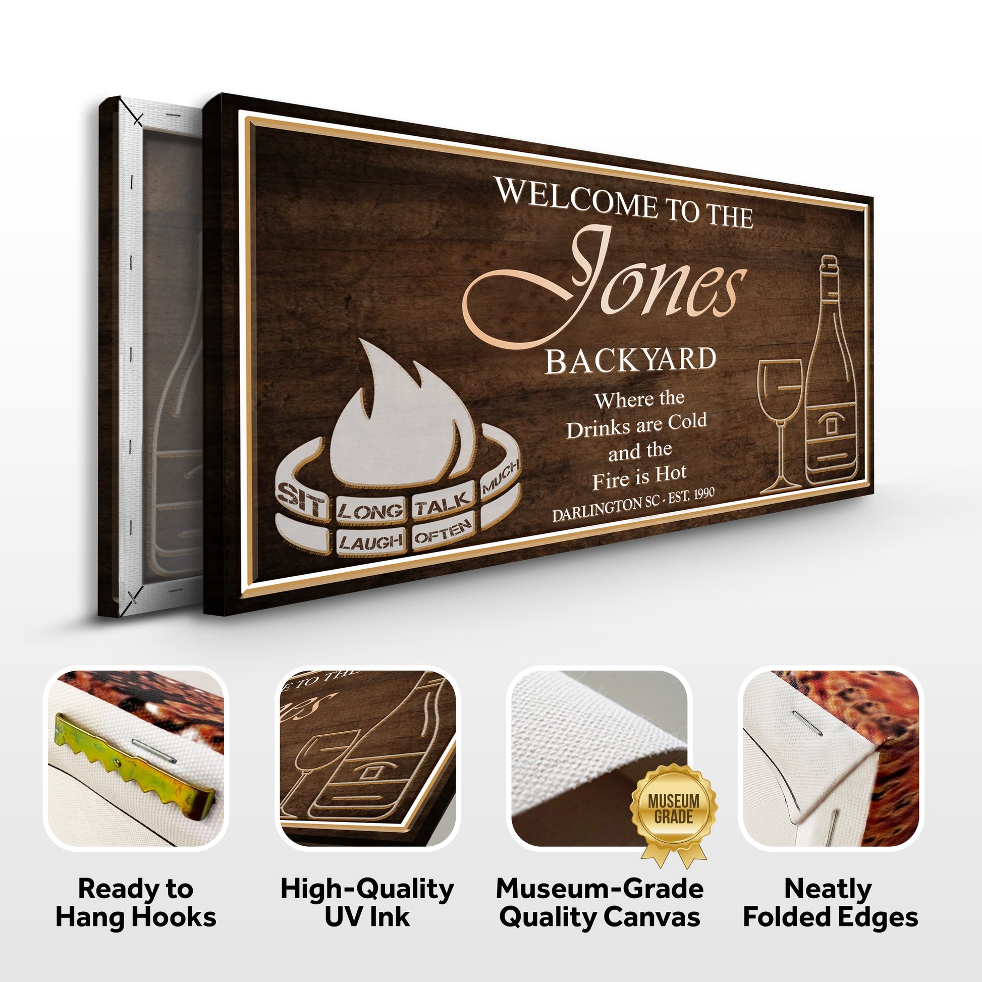 Backyard Sign II canvas by Tailored Canvases with dark wood background and cream text on Tampa Home & Garden Store