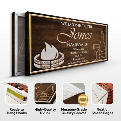 Backyard Sign II canvas by Tailored Canvases with dark wood background and cream text on Tampa Home & Garden Store