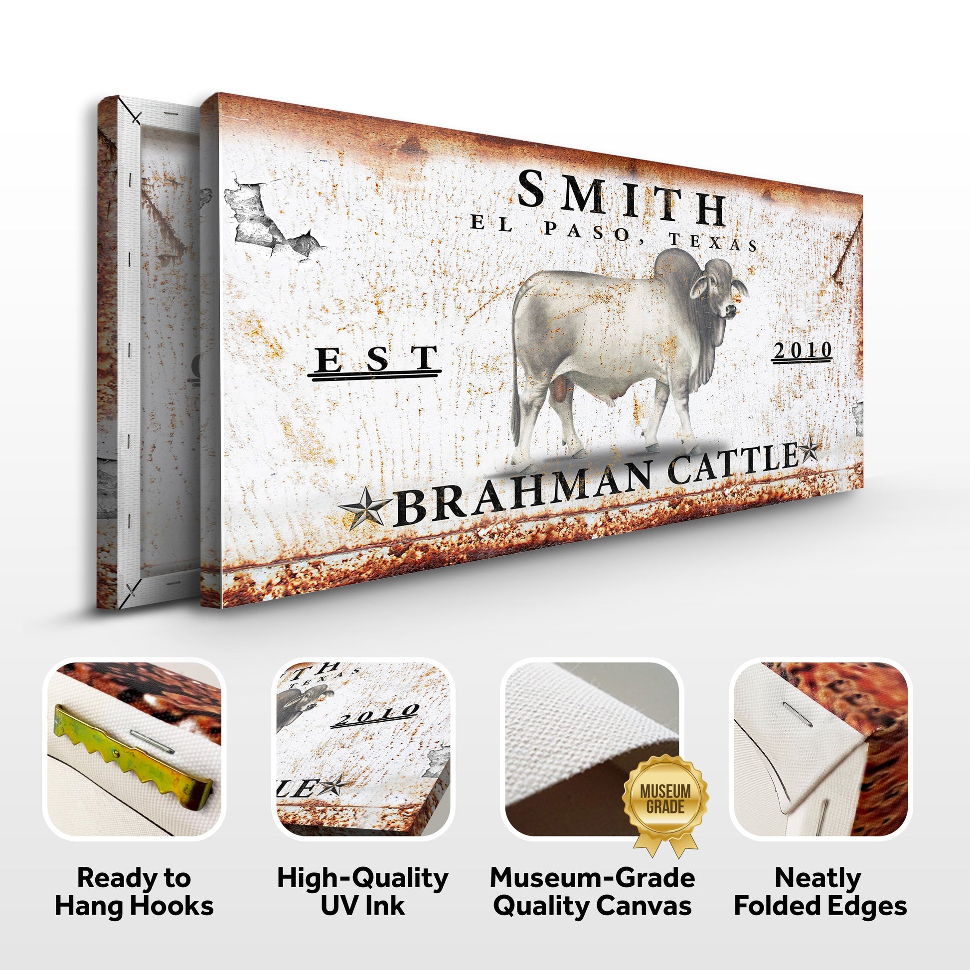 Brahman Cattle Sign III canvas by Tailored Canvases rustic white with Brahman cattle image trio on Tampa Home & Garden Store
