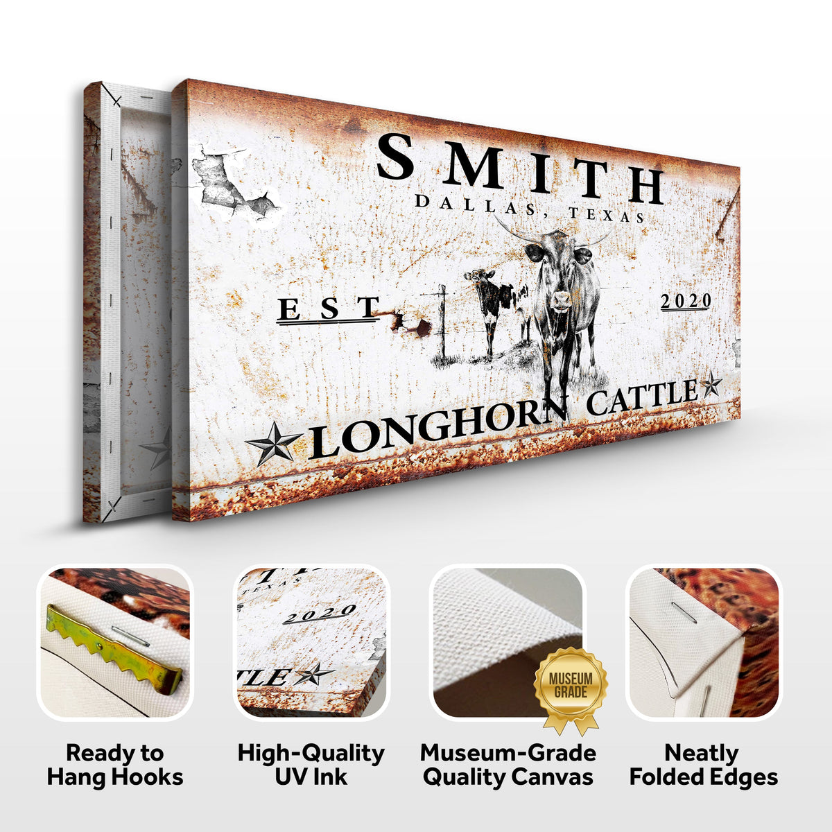 Longhorn Rustic Cattle Sign II canvas by Tailored Canvases with distressed rust texture on Tampa Home & Garden Store