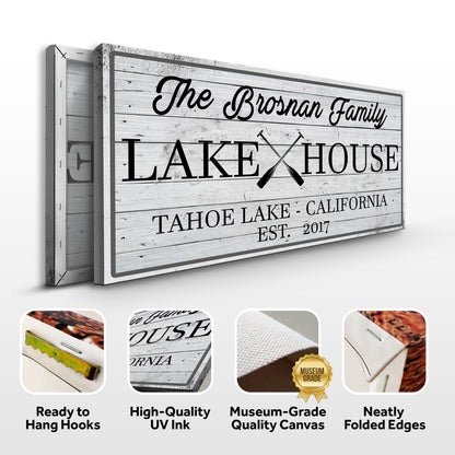 Family Lake House Paddle Sign canvas with whitewashed wood grain and bold black lettering on Tampa Home & Garden Store