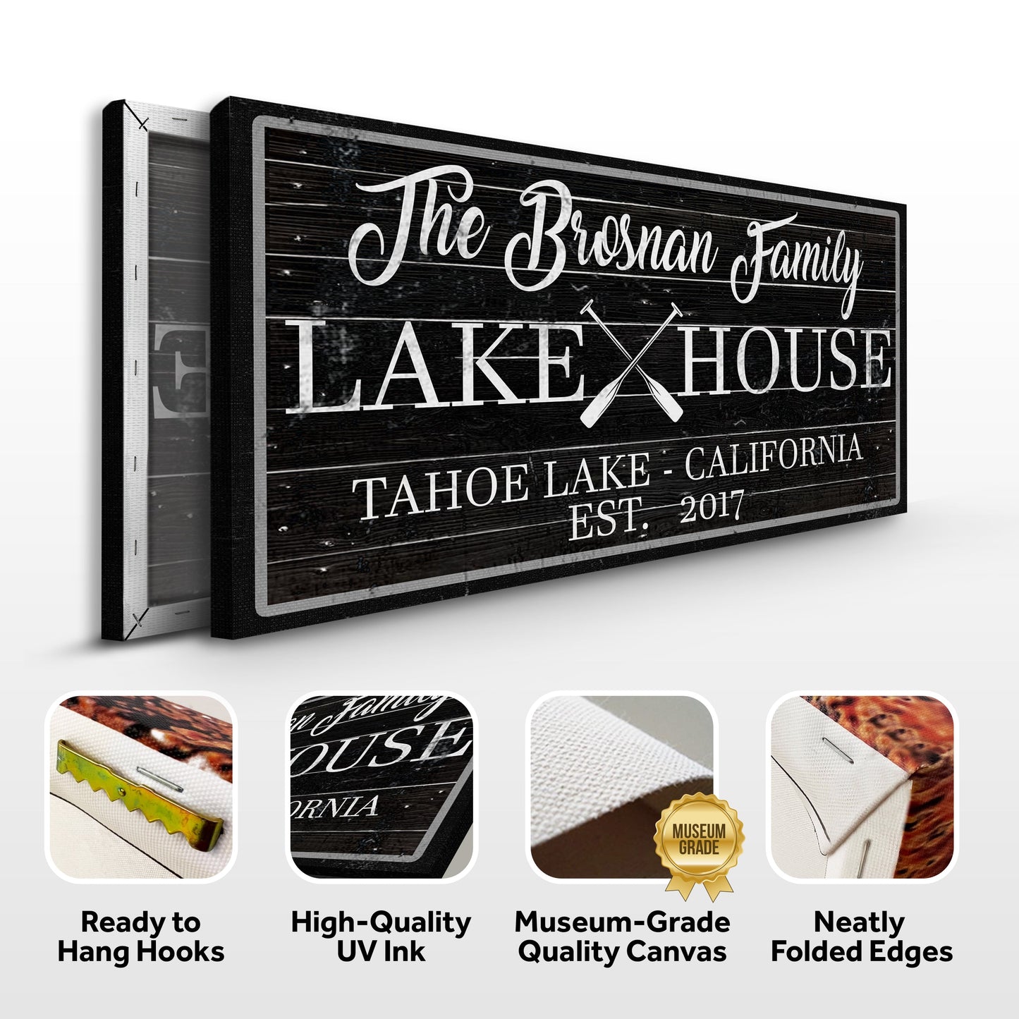Family Lake House Paddle Sign II canvas by Tailored Canvases, rustic black distressed sign on Tampa Home & Garden Store