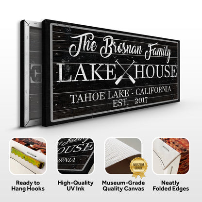 Family Lake House Paddle Sign II canvas by Tailored Canvases, rustic black distressed sign on Tampa Home & Garden Store