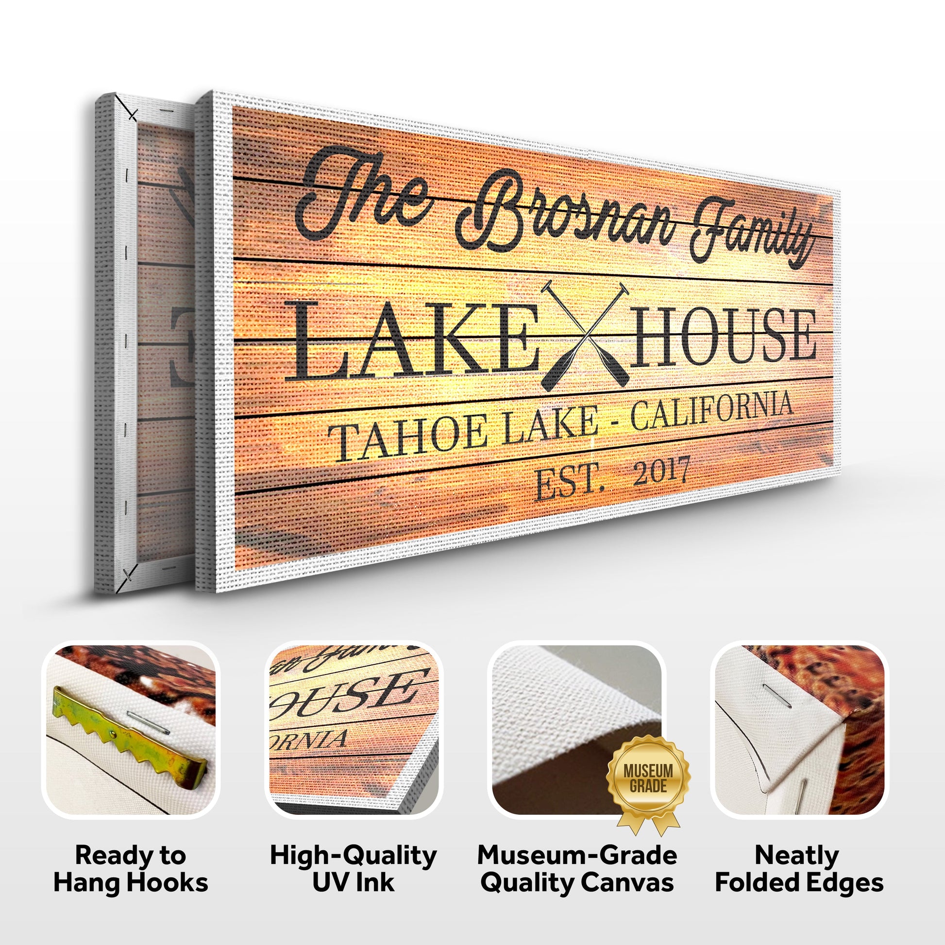 Family Lake House Paddle Sign canvas with orange wood-grain backdrop and LAKE HOUSE text on Tampa Home & Garden Store
