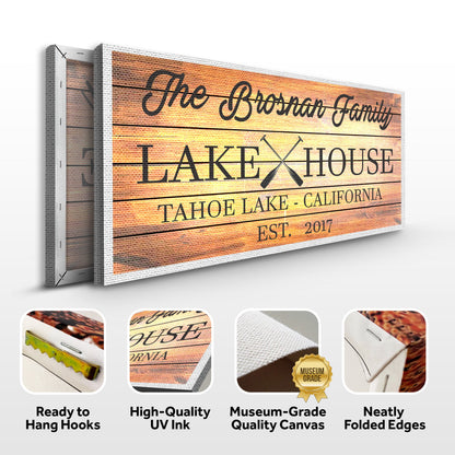 Family Lake House Paddle Sign canvas with orange wood-grain backdrop and LAKE HOUSE text on Tampa Home & Garden Store