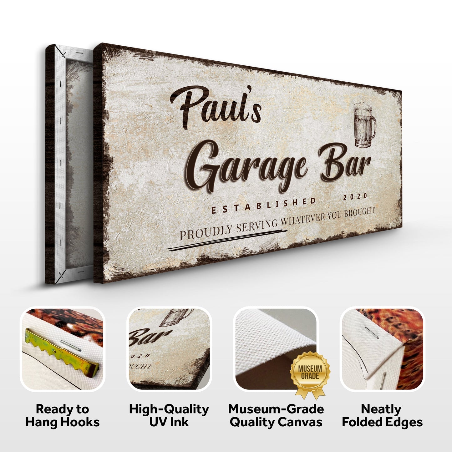 Garage Bar Sign VIII canvas by Tailored Canvases; distressed beige sign with beer mug on Canvas on Tampa Home & Garden Store