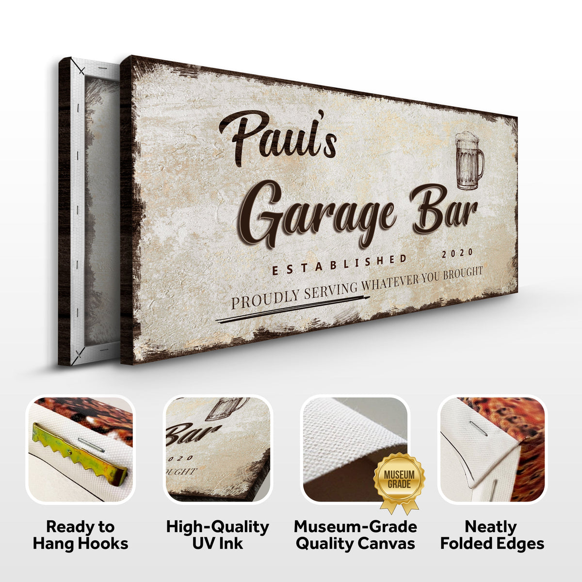 Garage Bar Sign VIII canvas by Tailored Canvases; distressed beige sign with beer mug on Canvas on Tampa Home & Garden Store