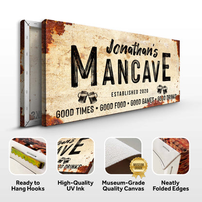 Good Times Man Cave Sign canvas by Tailored Canvases, rusty texture with bold lettering on Tampa Home & Garden Store